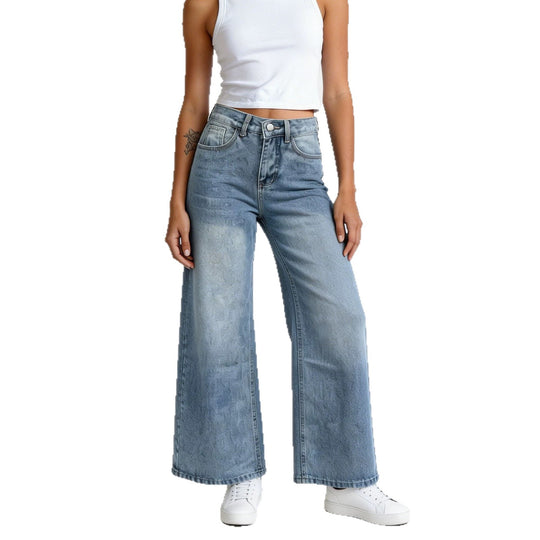 Damen nan hochgeschnittene Palazzo-Jeans mit extra weitem Bein und taillierendem Schnitt EB