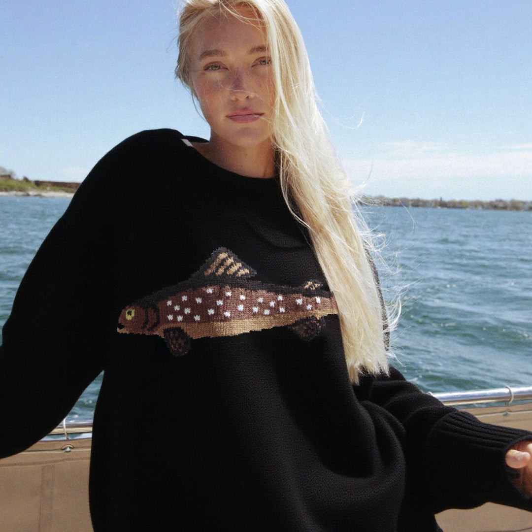 Damen Oversize Strickpullover mit Fisch-Jacquard, Halbkragen und Rippenbündchen EB