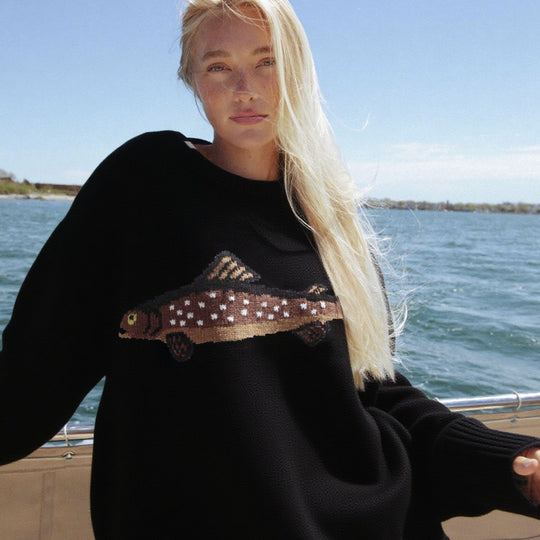 Damen Oversize Strickpullover mit Fisch-Jacquard, Halbkragen und Rippenbündchen EB