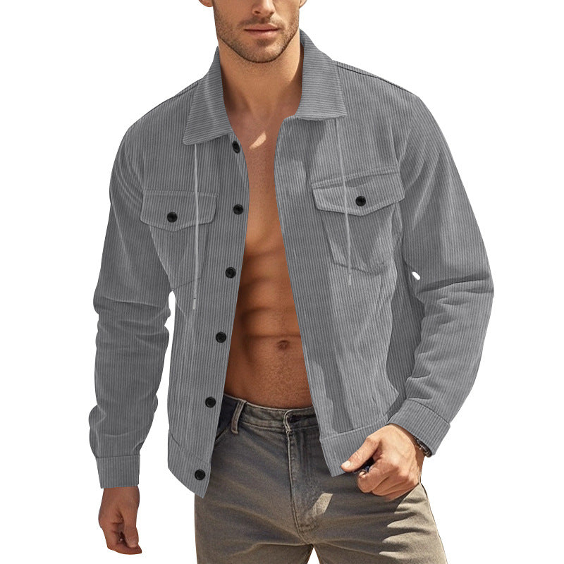 Herren nan lässige fein gerippte Cordjacke mit Stehkragen, Brusttaschen und elastischem Saum EB