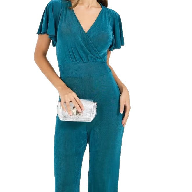 Damen eleganter Jumpsuit mit fließendem Schnitt und detailreichen Puffärmeln EB