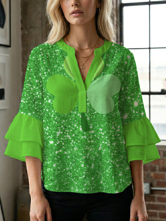 Damen lässige Bluse mit Volantärmeln und botanischem Druck EB