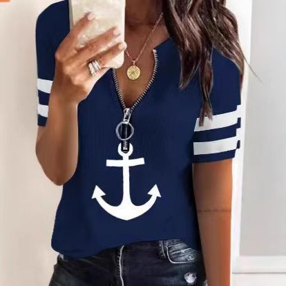 Damen Sportliches T-Shirt mit Reißverschluss und maritimen Motiven EB
