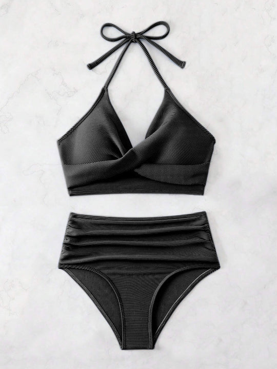 Damen Bikini-Set mit hohem Taillenbund und elegantem Wickeldesign EB