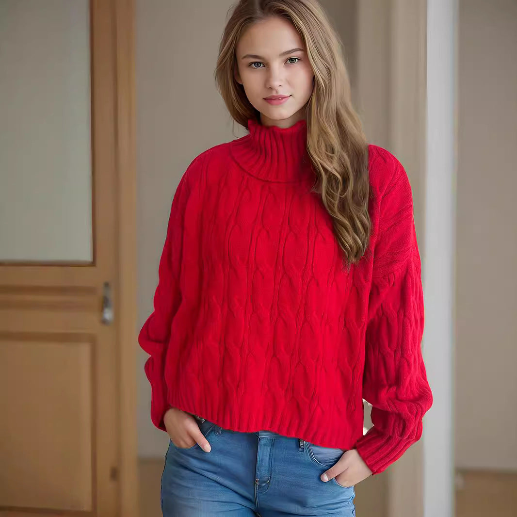 Damen Strickpullover mit hohem Kragen und strukturierter Zopfoptik EB