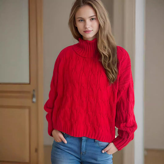 Damen Strickpullover mit hohem Kragen und strukturierter Zopfoptik EB