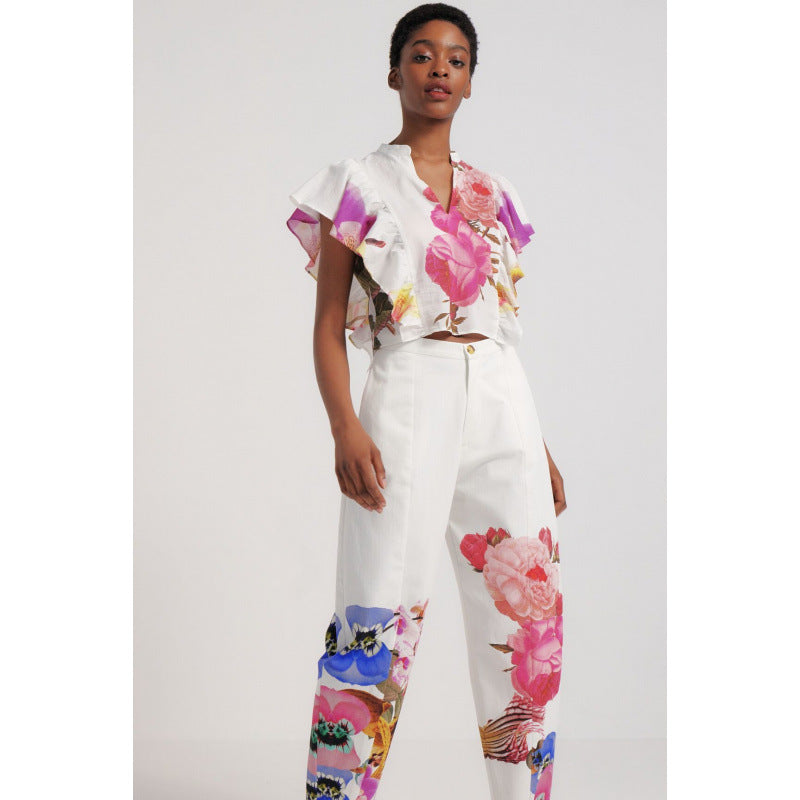 Damen Blusen- und Hosen-Set mit floralem Design und zarten Rüschendetails EB