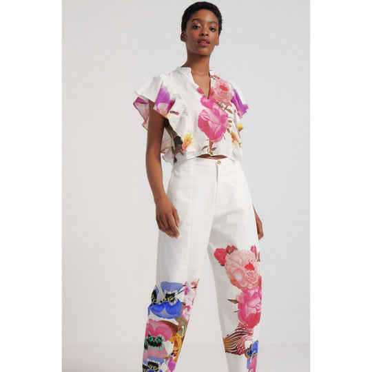 Damen Blusen- und Hosen-Set mit floralem Design und zarten Rüschendetails EB