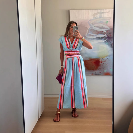 Damen Strandmaxi-Kleid mit elastischem Taillenbund und buntem Streifenmuster EB