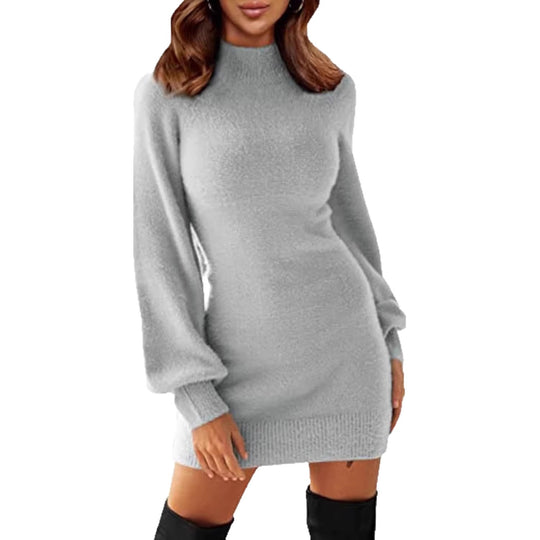 Damen Tailliertes Teddy-Strick-Minikleid mit Stehkragen und Ballonärmeln EB