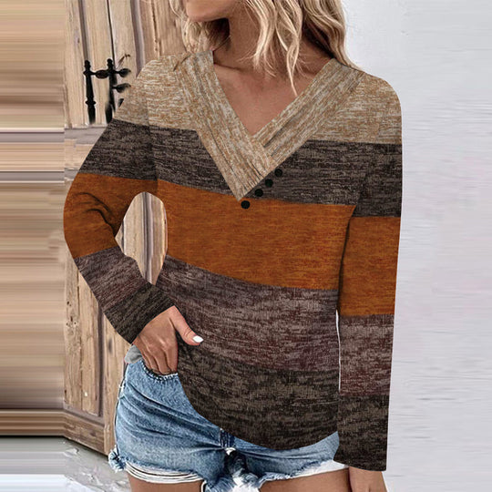 Damen Gerippter V-Ausschnitt Pullover mit Farbverlauf, Zierknöpfen und legerer Passform EB