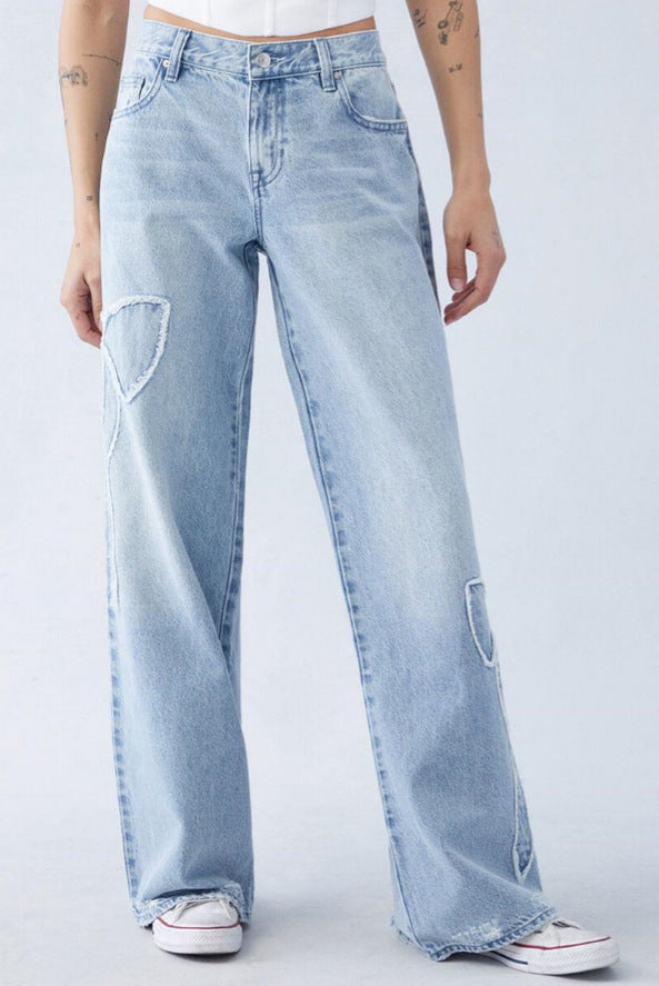 Damen weite High-Waist Denim-Jeans mit Distressed-Details EB
