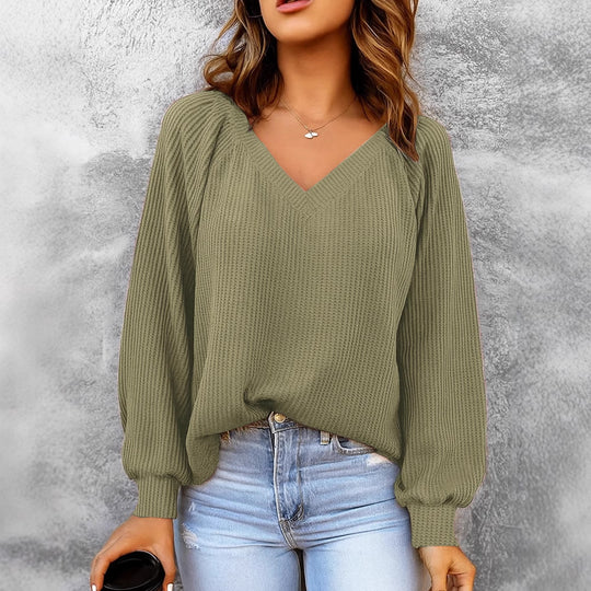 Damen Feinstruktur-Strickpullover mit V-Ausschnitt, Ballonärmeln und Rippbündchen EB
