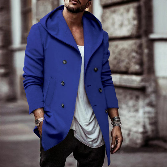 Herren stylischer Hoodie-Mantel mit doppelter Knopfreihe und weitem Kragen EB