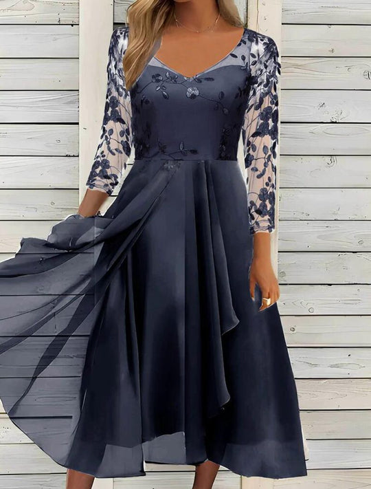 Damen nan V-Ausschnitt Chiffon-Midikleid mit besticktem Bustier, transparenten dreiviertel-Ärmeln und asymmetrischem Lagenrock EB