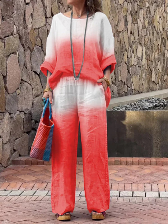 Damen lässiges Leinen-Outfit mit weiten Hosen und lockerer Bluse EB