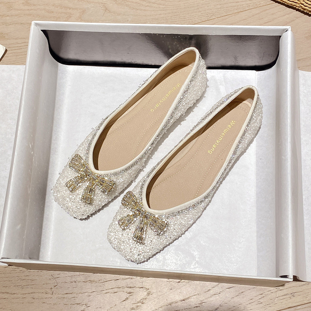 Damen Ballerinas mit funkelnder Schleifenapplikation und glitzerndem Obermaterial EB