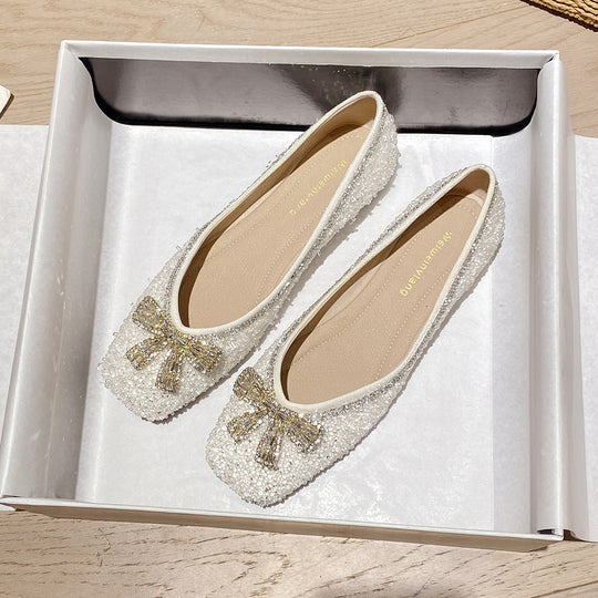 Damen Ballerinas mit funkelnder Schleifenapplikation und glitzerndem Obermaterial EB