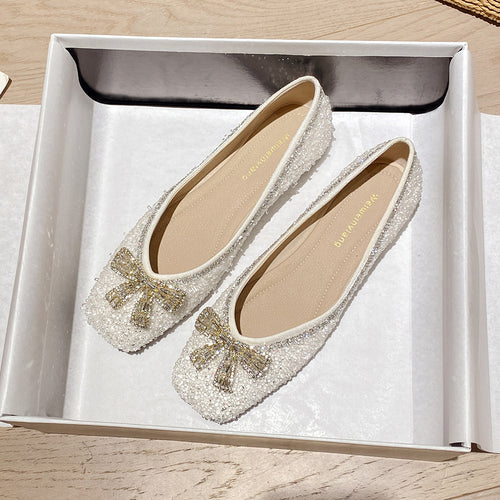 Damen Ballerinas mit funkelnder Schleifenapplikation und glitzerndem Obermaterial EB