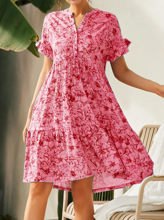 Damen lässiges Blumenkleid mit Knopfleiste und Rüschendetails EB