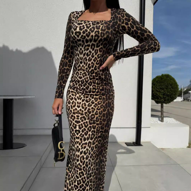 Damen Tierdruck Langarm Maxi Kleid EB