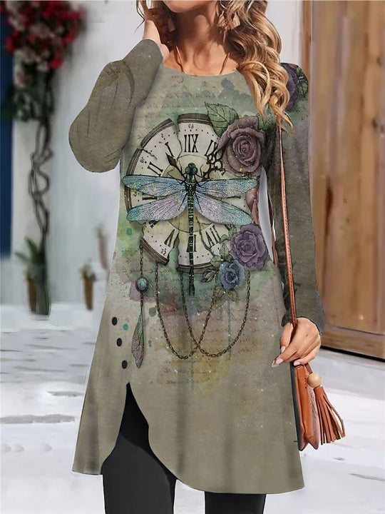 Damen künstlerisches Langarmkleid mit Drachenfliegen-Motiv EB