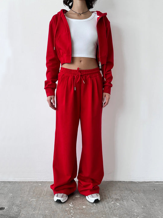 Damen Kurzes Zip-Kapuzen-Set mit taillenhoher weiter Loungehose EB