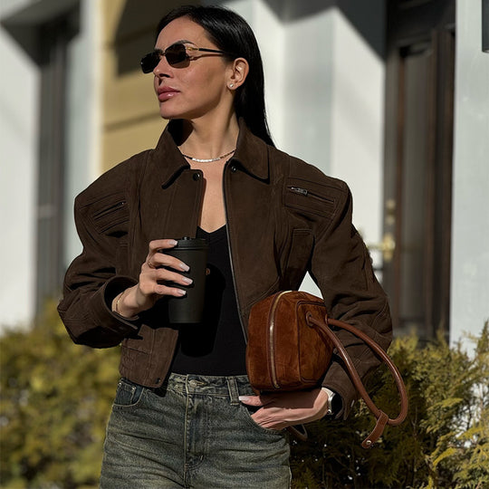Damen Modische Wildlederjacke im Oversized-Stil EB