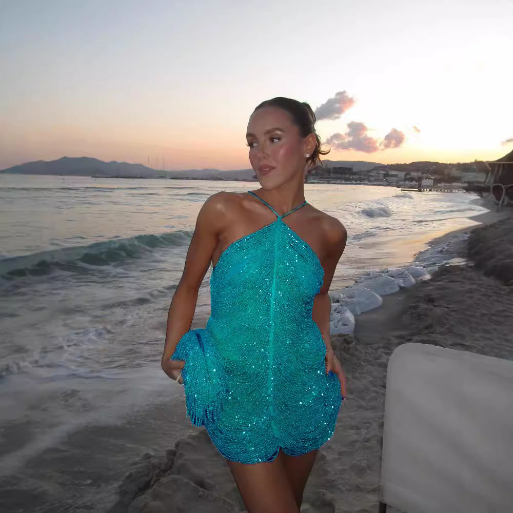 Damen Glitzerndes Minikleid mit raffinierten Perlenakzenten EB