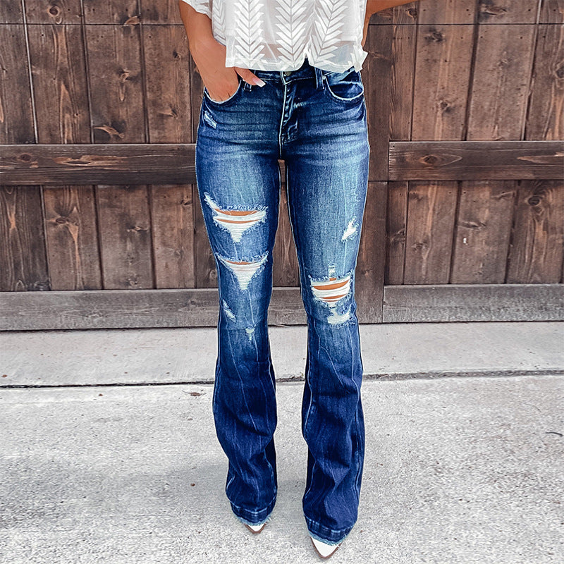 Damen Flared Jeans mit modischen Destroyed-Effekten und hohem Bund EB
