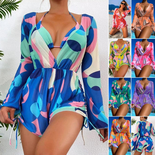 Damen Strand-Outfit mit langärmliger Überbluse und Bikini EB