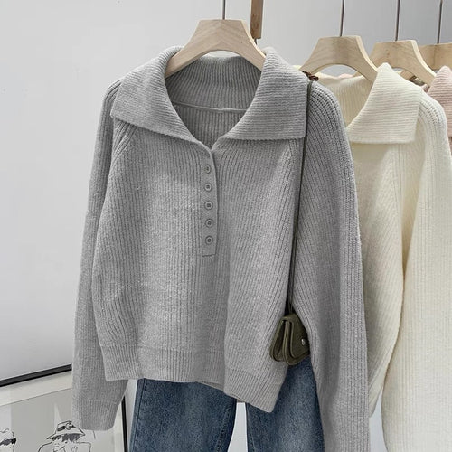 Damen Strickpullover mit Kragen und Knopfleiste EB