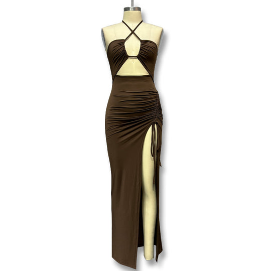 Damen Maxikleid mit tiefem Ausschnitt und Raffungen EB