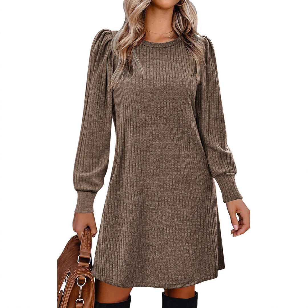 Damen nan gestricktes A-Linien Strickkleid mit Puffärmeln EB