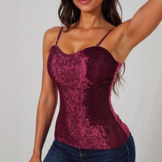 Damen elegantes Spaghettiträgershirt mit luxuriösem Paillettenbesatz und feinem Rippstrick EB