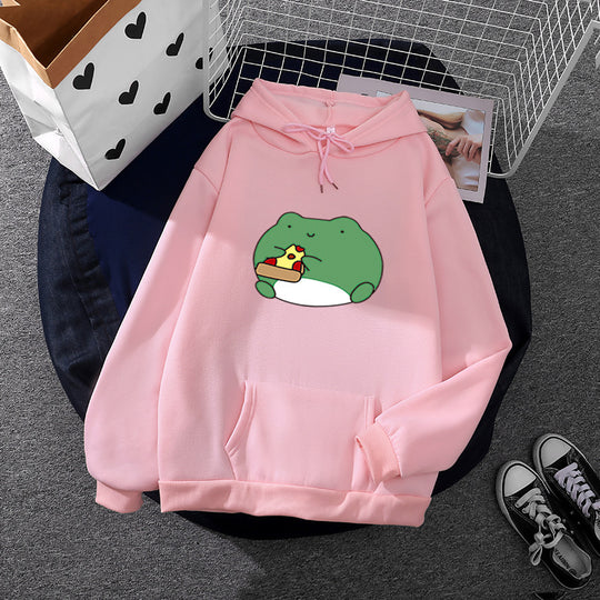 Damen nan gemütlicher Kapuzenpullover mit kawaii Frosch‑Pizza‑Motiv und oversized Relax‑Fit EB