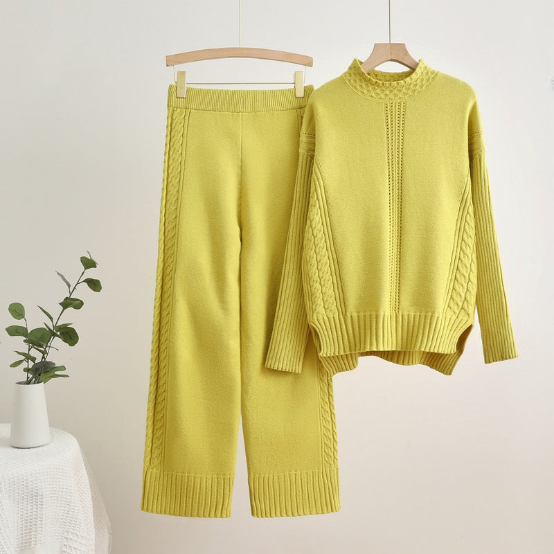 Damen komfortables Strick-Loungewear-Set mit hohen Bündchen und dekorativen Zopfmustern EB