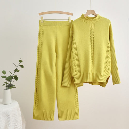 Damen komfortables Strick-Loungewear-Set mit hohen Bündchen und dekorativen Zopfmustern EB