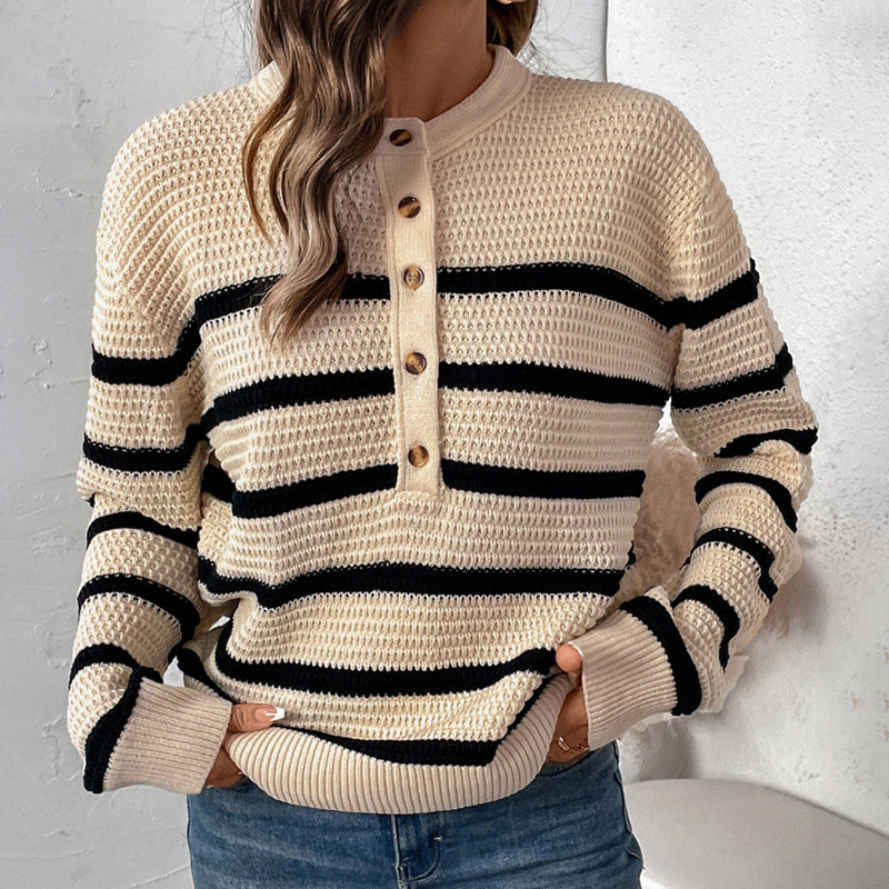 Damen gestreifter Strickpullover mit Knopfleiste und lässigem Schnitt EB