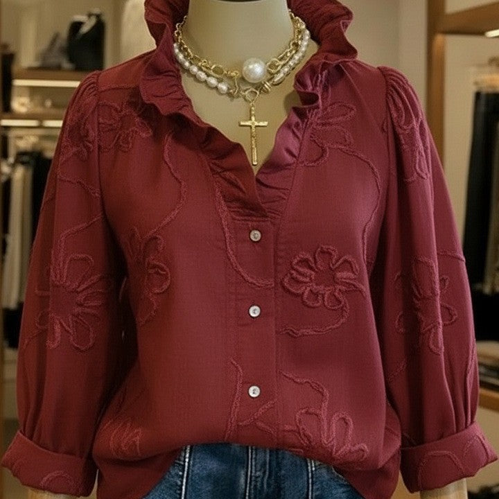 Damen elegante Bluse mit floralen Stickereien und voluminösen Ärmeln EB