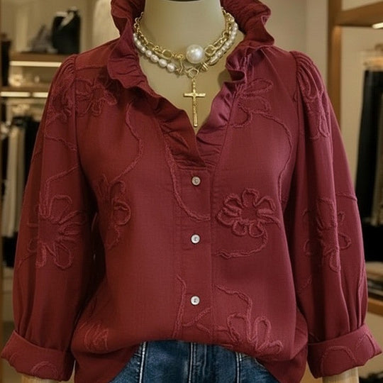 Damen elegante Bluse mit floralen Stickereien und voluminösen Ärmeln EB