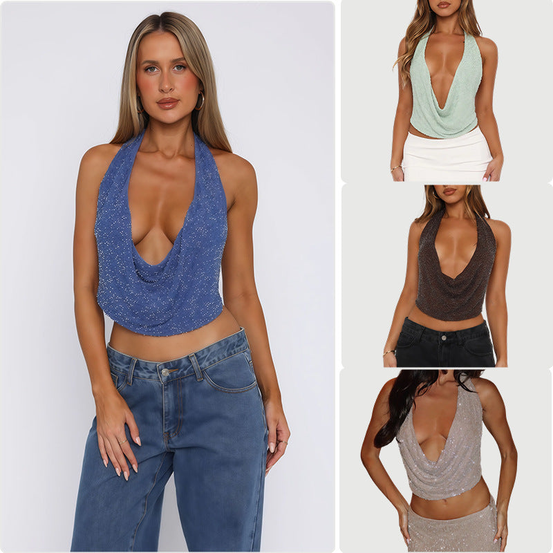 Damen Cowl-Neck Top mit funkelnder Gestaltung und tiefem Ausschnitt EB