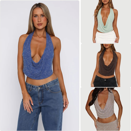 Damen Cowl-Neck Top mit funkelnder Gestaltung und tiefem Ausschnitt EB