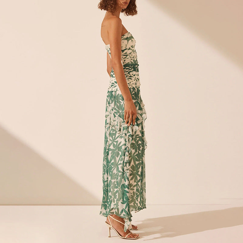 Damen schulterfreies Maxikleid mit Rüschendetails und floralem Muster EB
