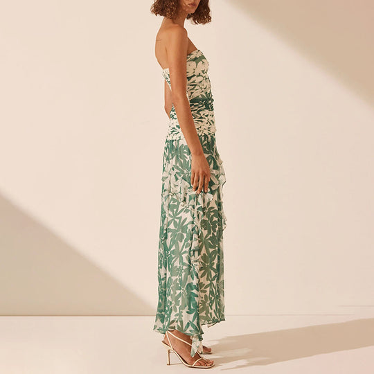 Damen schulterfreies Maxikleid mit Rüschendetails und floralem Muster EB