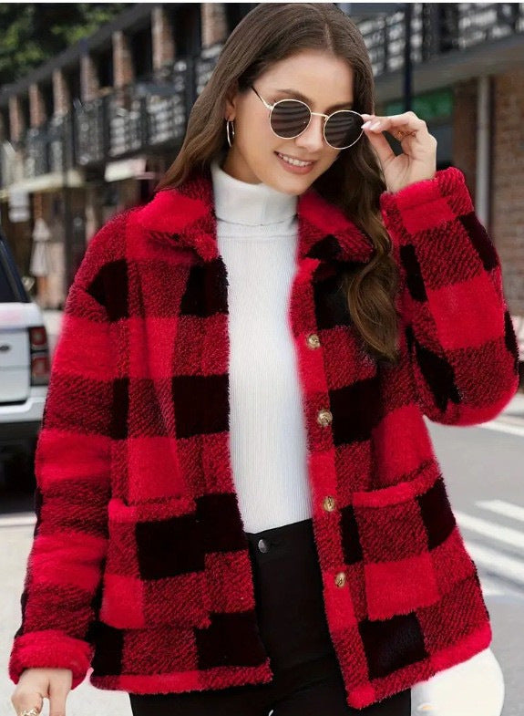 Damen nan gefütterte Karo Teddy-Fleece Shacket mit Knopfleiste und aufgesetzten Taschen EB