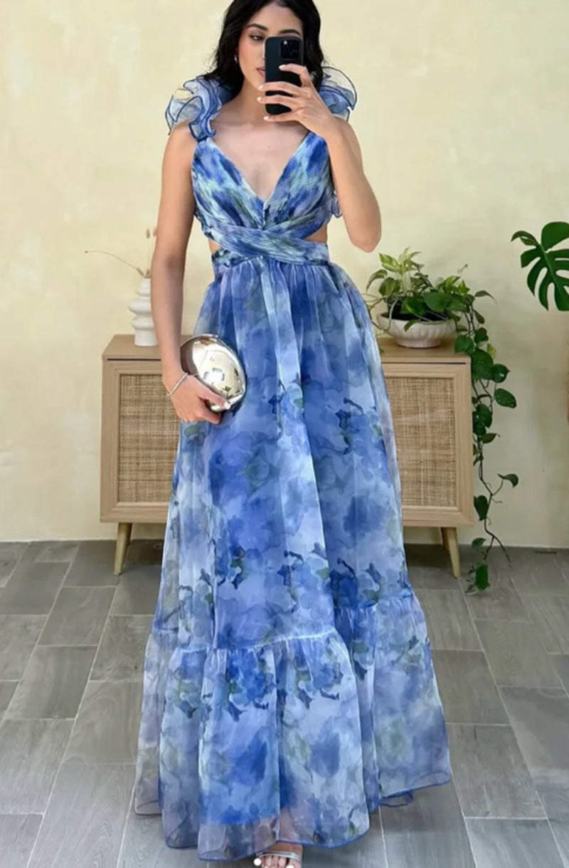 Damen Maxikleid im romantischen Vintage-Stil mit fließendem Rock und Rüschendetails EB