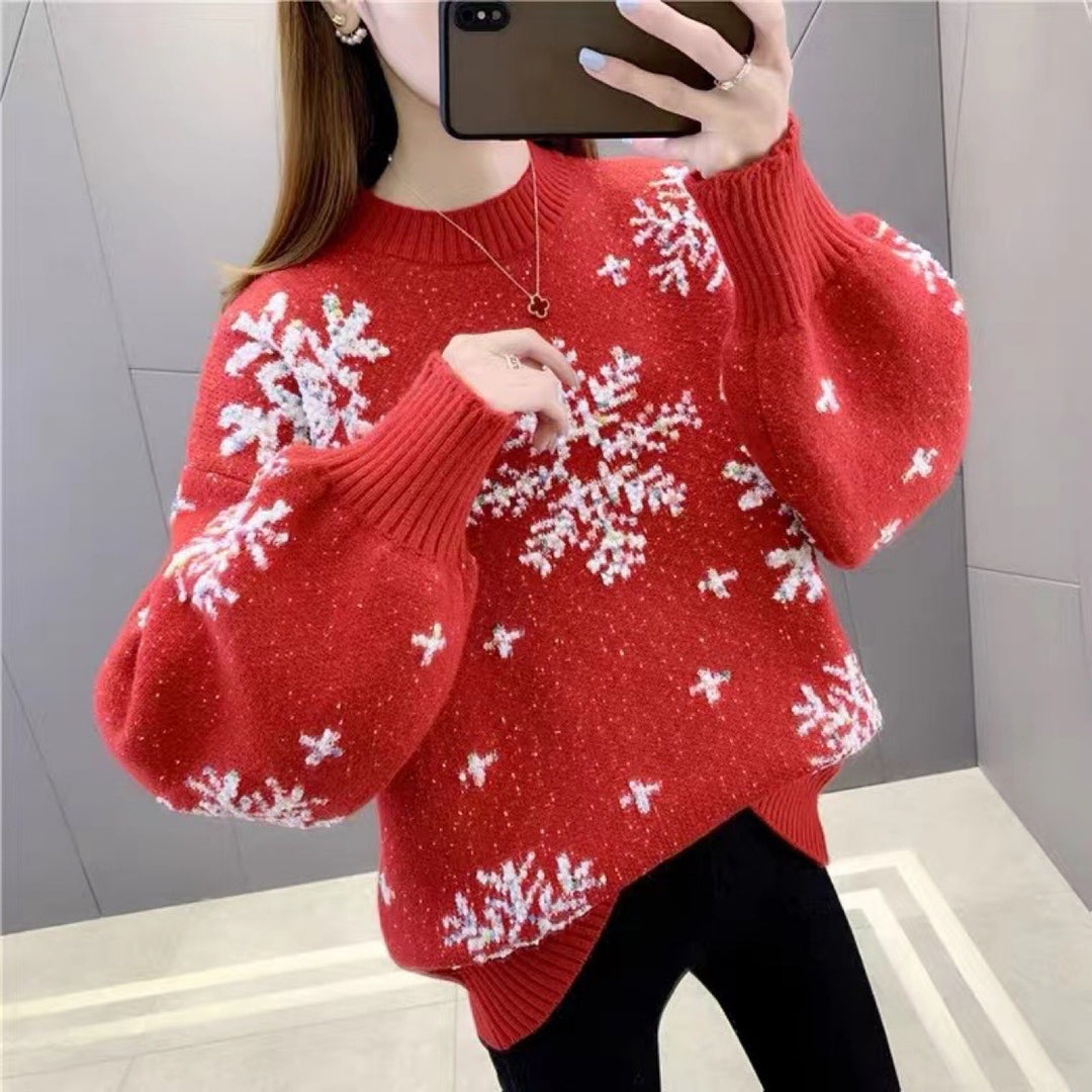 Damen Strickpullover mit Wintermotiv und Puffärmeln EB