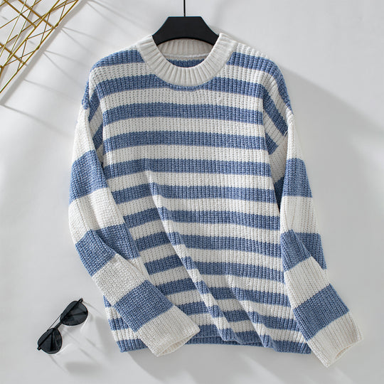 Damen lässiger Streifenpullover mit weichem Strukturstrick EB