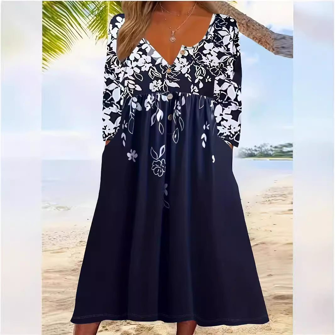 Damen Maxikleid mit floralem Design und eleganten Knopfdetails EB